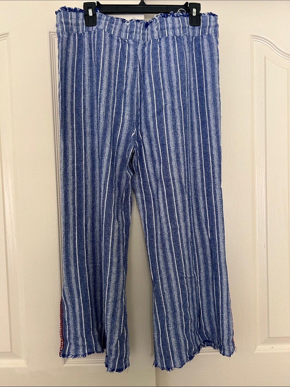 Striped Blue Cropped Drawstring Capris - Picture 3 of 4